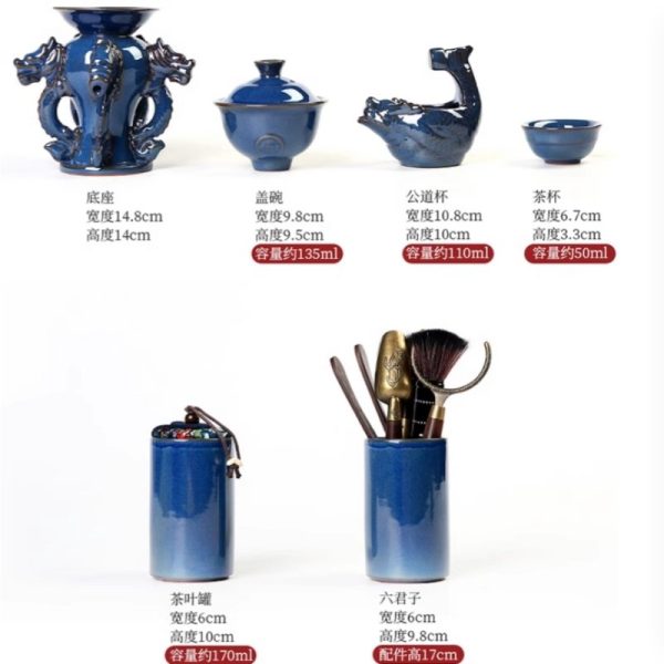Exquisite Chinese Vintage Blue Majestic Five Dragon Head Kungfu Tea Sets Lazy Semi-Automatic