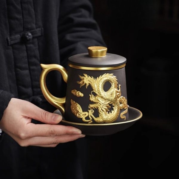 Delicate Inlaid Gold Auspicious Dragon Purple Clay Tea Cup Mug with Infuser