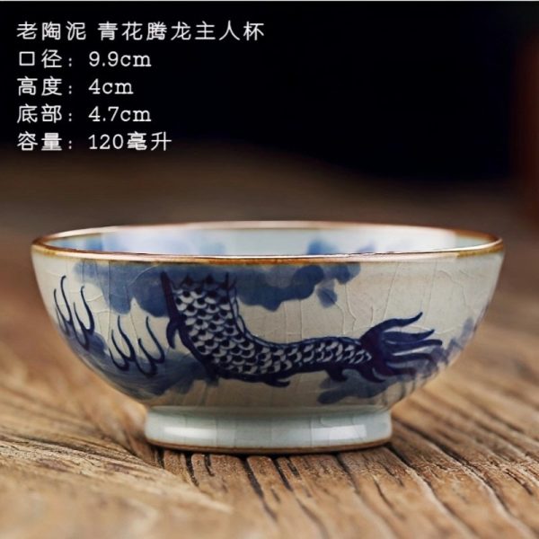 Antique Blue and White Porcelain Hand-Painted Crackle Ceramic Dragon Tea Cup