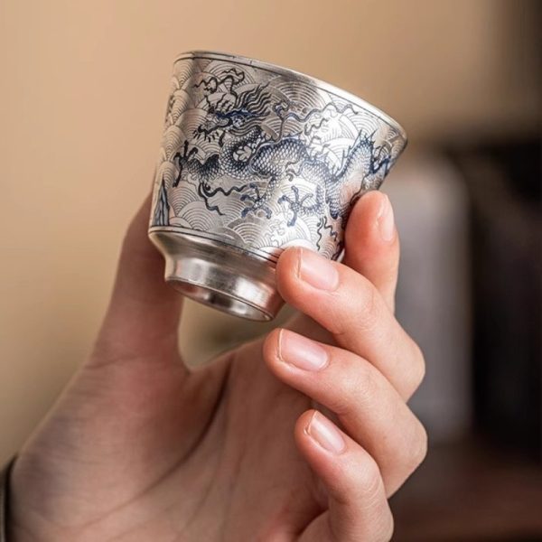 Sterling Silver Glaze Porcelain Hand Painted Chinese Dragon Tea Cup