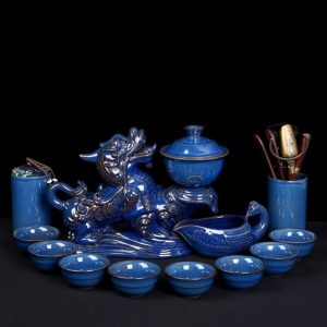 Traditional Chinese Antique Blue Dragon Phoenix Porcelain Gongfu Tea Set with Lazy Semi-Automatic Design