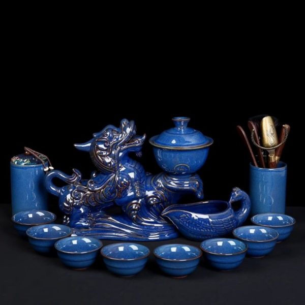Traditional Chinese Antique Blue Dragon Phoenix Porcelain Gongfu Tea Set with Lazy Semi-Automatic Design