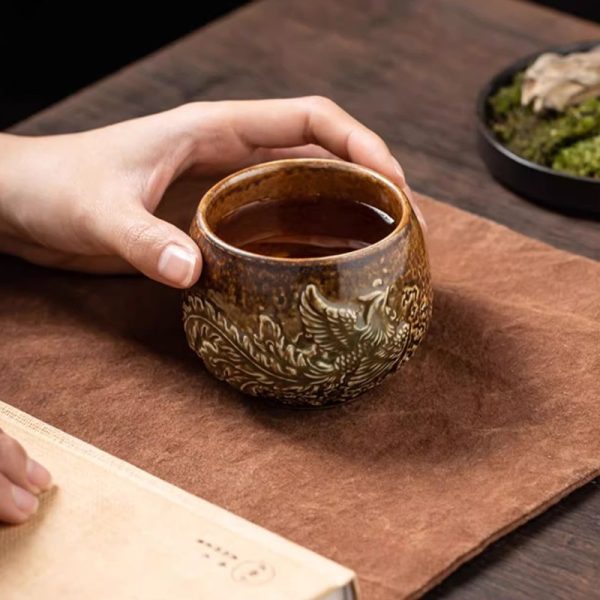 Chinese Year Of The Dragon Wood Fired Ash Glaze Carving Dragon Tea Cup