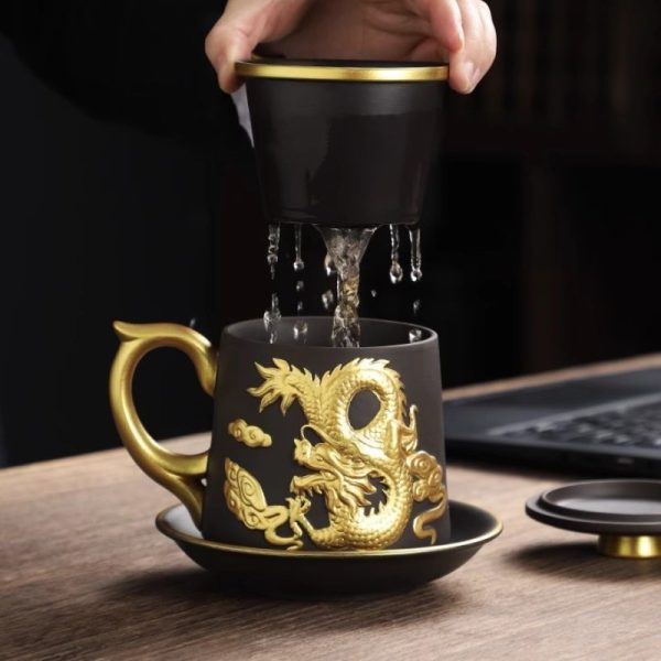 Delicate Inlaid Gold Auspicious Dragon Purple Clay Tea Cup Mug with Infuser