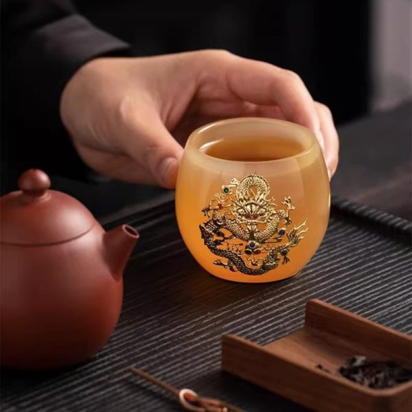 Year of The Dragon Tea Cup Coloured Glaze Inlaid Gold Coiled Dragon Tea Cup