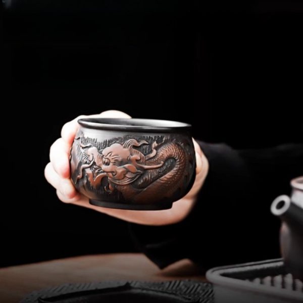 Authentic Hand-carved Embossed Chinese Dragon Jianshui Purple Pottery Tea Cup