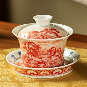 gaiwan30-02.jpg Antique Coral Red Glaze Rural Scenery Jingdezhen Porcelain Gaiwan Tea Set