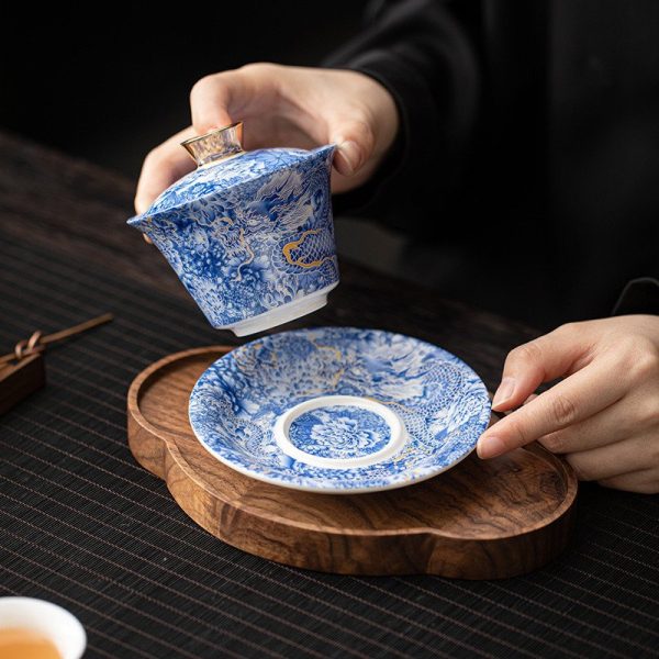 Chinese Vintage Classic Dragon Pattern Blue and White Porcelain Gaiwan