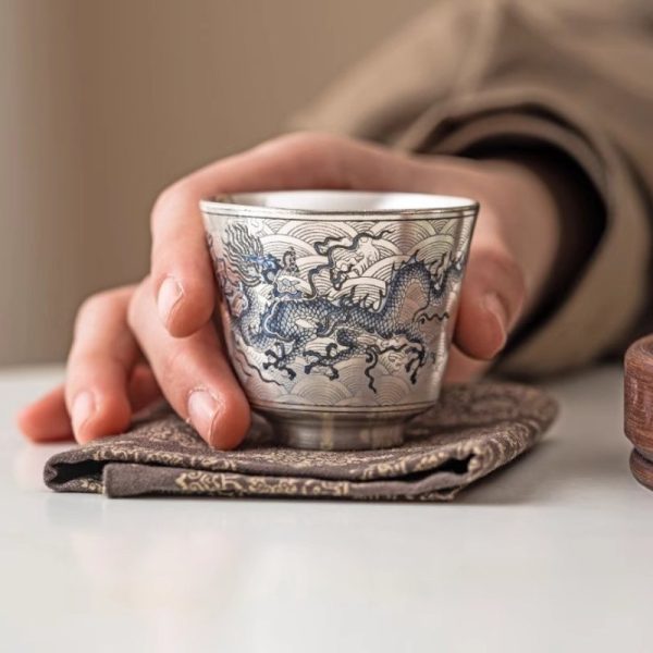 Sterling Silver Glaze Porcelain Hand Painted Chinese Dragon Tea Cup